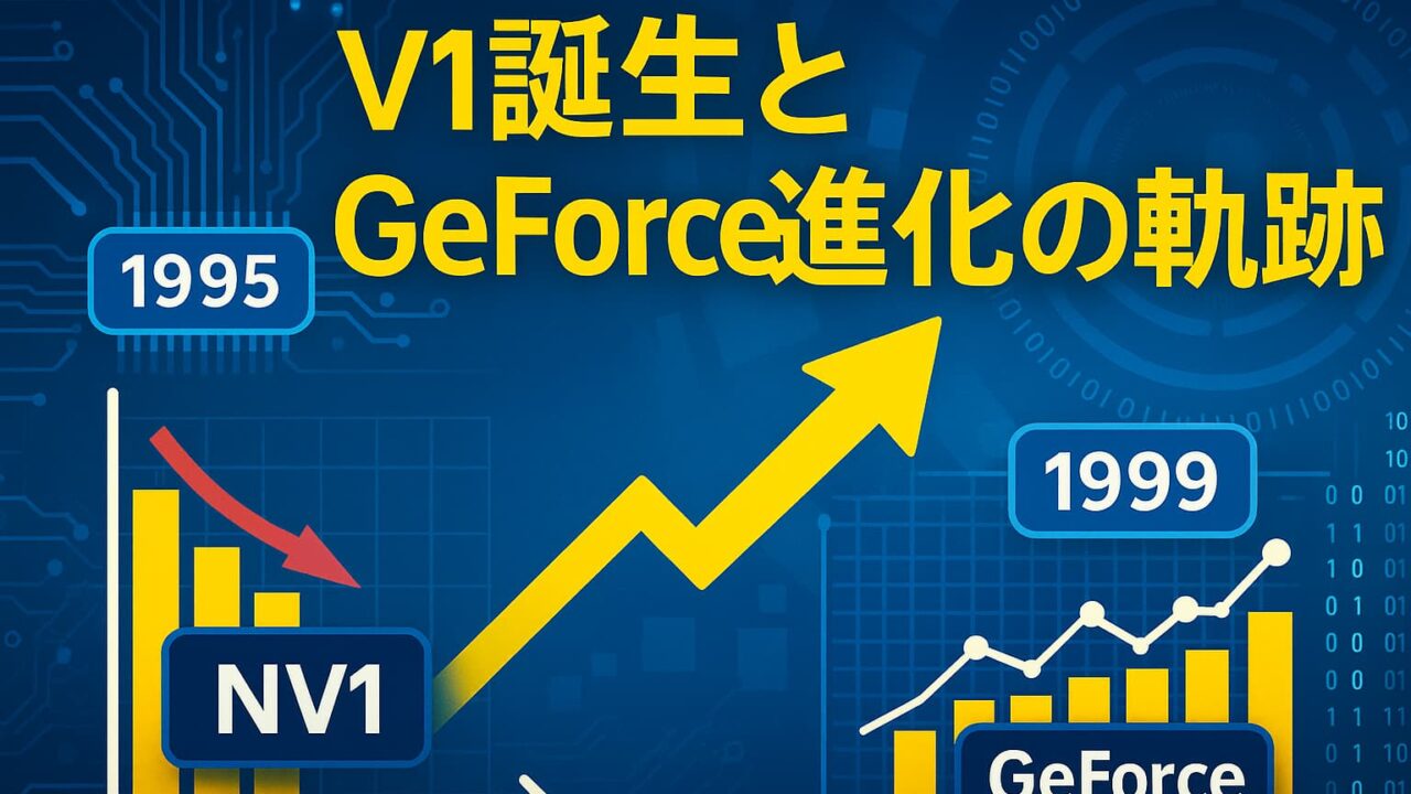 1995年に登場したNV1の低迷から、1999年にGeForceとして成功を収めるまでの進化を示した棒グラフと上昇矢印を含むタイムライン図