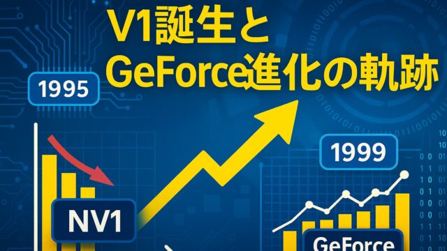 1995年に登場したNV1の低迷から、1999年にGeForceとして成功を収めるまでの進化を示した棒グラフと上昇矢印を含むタイムライン図