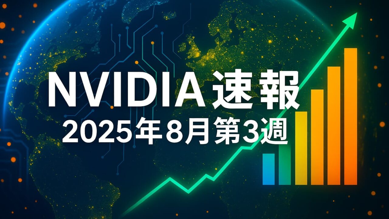 NVIDIAのロゴを含まないハイテク風デジタル背景に、2025年8月第3週のニュースまとめを示すインフォグラフィック風のイメージ