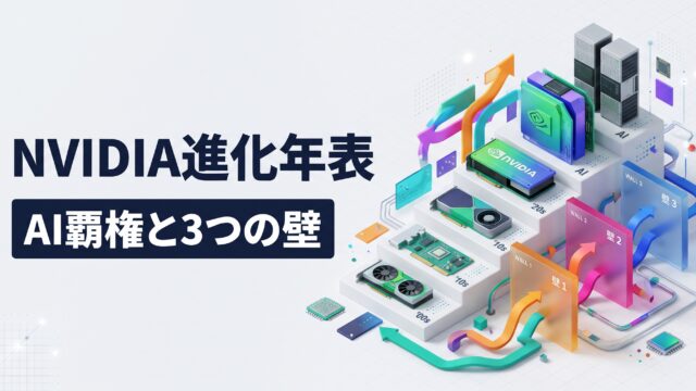 明るいグレーの背景に、NVIDIAグラフィックボードの進化を示す3Dの階段状のタイムライン。左下に「NVIDIA進化年表」と、紺色の背景に白抜き文字で「AI覇権と3つの壁」というテキストが配置されています。右側には、2000年代（'00s）の基盤から現代（'10s, '20s）のGPU、そしてAIサーバーへと進化する様子が、電子部品やカラフルな矢印とともに立体的に描かれています。手前には、行く手を阻む「壁1」「壁2」「壁3」と書かれた、オレンジ、ピンク、ブルーの半透明のプレート（障壁）と、それに向かって伸びるカラフルなルートやデータフローがアイソメトリック（斜め俯瞰）デザインで表現されています。