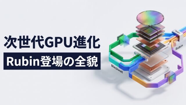 NVIDIAのGPUロードマップ解説図解。クリーンな淡色背景に次世代半導体チップや積層HBM4メモリの3Dアイソメトリック分解図と、「次世代GPU進化／Rubin登場の全貌」のテロップ。