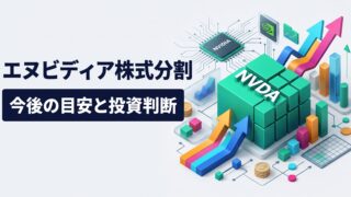淡色背景に「エヌビディア株式分割 / 今後の目安と投資判断」の2段テロップが左側に配置され、右側にNVDAの分割ブロック、上昇矢印、半導体チップや株価チャートを配した3Dアイソメトリック・インフォグラフィック