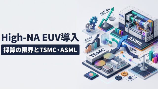 淡いグレーの背景に、左側に大きく「High-NA EUV導入」「採算の限界とTSMC・ASML」とデザインされた2段のテキストが配置され、右側には3Dアイソメトリックで表現された「TSMC」（半導体製造・ウェーハ）と「ASML」（露光装置・精密モジュール）の相互関係、導入時期やコスト・採算限界を天秤やグラフ、データフローで表した、現代的なフラット＆インフォグラフィック調のアイキャッチ画像。