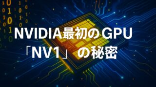 半導体基板の上に浮かび上がる「NVIDIA最初のGPU『NV1』の秘密」という日本語テキストと青・黄色基調の回路背景