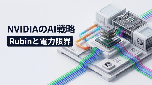 ライトグレーを基調としたインフォグラフィック調の画面に、NVIDIAの次世代RubinアーキテクチャやAI半導体モジュール、積層メモリ、熱・エネルギー循環を表す立体パイプがアイソメトリックで配置され、左側に「NVIDIAのAI戦略」「Rubinと電力限界」の2段テロップがレイアウトされたアイキャッチ画像。