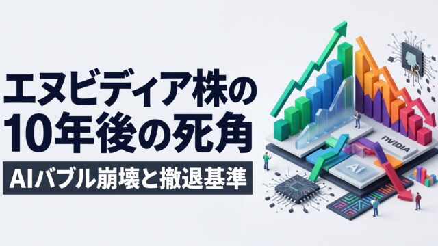 「エヌビディア株の10年後の死角 AIバブル崩壊と撤退基準」という大きな日本語テキストと、右側にAIチップ、急上昇する3D棒グラフ、そこから急降下する赤い矢印や崩落するグラフ、点検する人物などで株価予測と下落リスク・撤退を可視化した、アイソメトリック（斜め俯瞰）3Dインフォグラフィック画像。白とライトグレーを基調に、緑、青、オレンジ、赤の鮮やかなアクセントカラーが使われています。