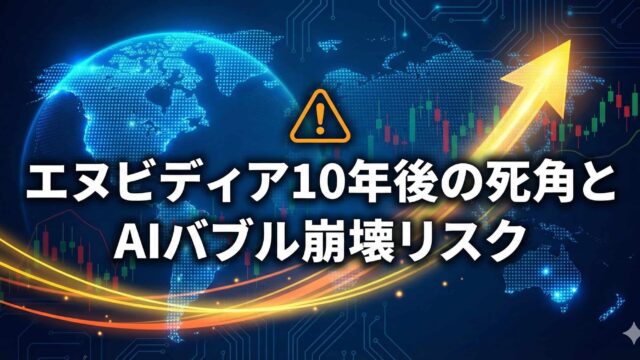 エヌビディア株価10年後の死角とAIバブル崩壊リスク｜青背景に上昇チャートと警告を示すグラフィック