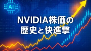 NVIDIAの株価推移を示すチャートと世界地図を背景にした解説画像。中央に「NVIDIA株価の歴史と快進撃」の文字。
