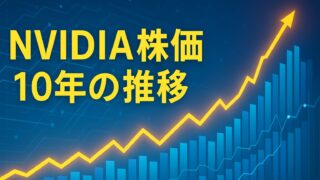 青地に黄色の上昇チャートと「NVIDIA株価 10年の推移」という文字が中央に配置された画像