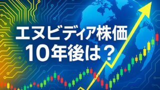 青い世界地図と基板パターンを背景に、カラフルなローソク足と上向き矢印が伸び、中央に「エヌビディア株価10年後は？」の大きな日本語テロップがある横長バナー