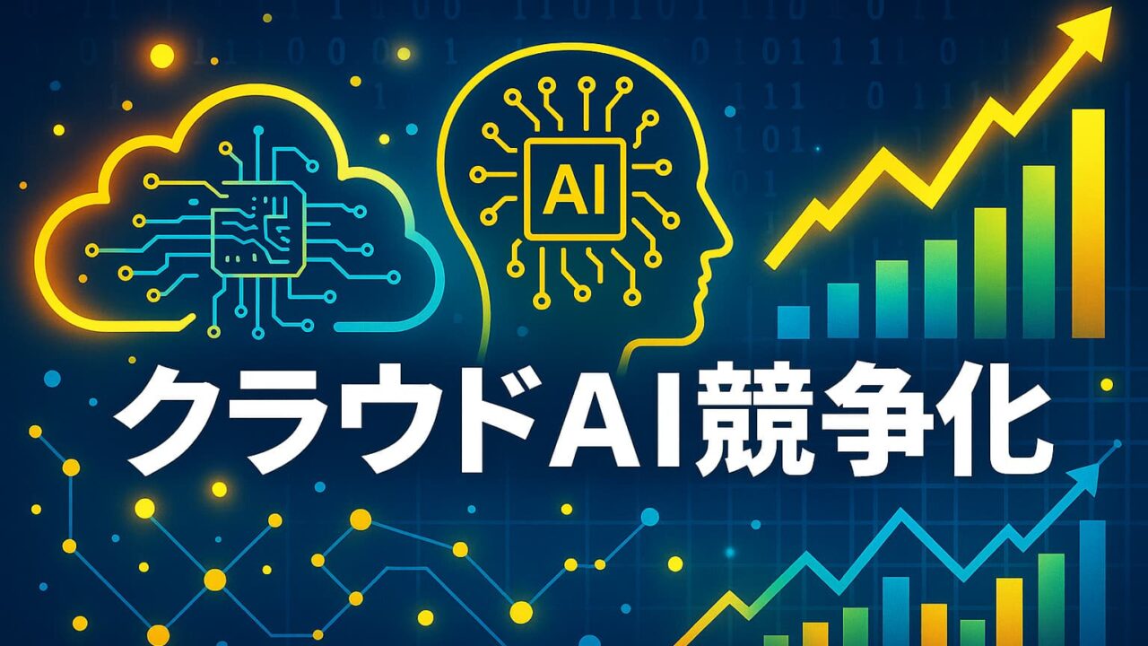 クラウドの回路図、AIを表す人型シルエット、上昇するグラフと「クラウドAI競争化」の文字