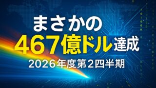 青い背景に世界地図と回路基板の図、中央に「まさかの467億ドル達成 2026年度第2四半期」と表示されたテロップ