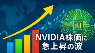 青い背景に世界地図と株価チャート、上昇矢印、カラフルな棒グラフ、AIを象徴する回路図が描かれ、「NVIDIA株価に急上昇の波」という文字が中央に配置された画像