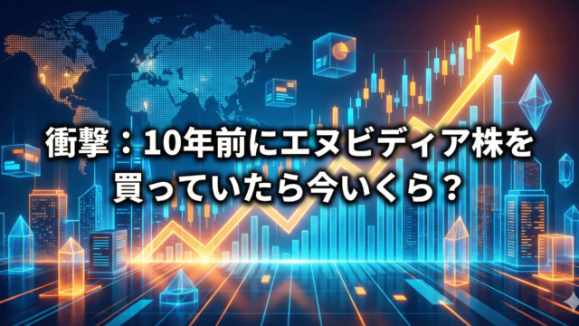 青とオレンジのデジタル背景に、上昇する株価チャートと「衝撃：10年前にエヌビディア株を買っていたら今いくら？」という文字が中央に配置された、エヌビディア投資シミュレーション記事用アイキャッチ画像