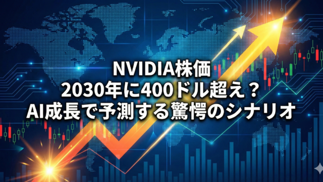 深い青色のデジタル背景に、白の太字ゴシック体で「NVIDIA株価 2030年400ドル超え？ AI成長シナリオ」と表示。背景には光る回路、ローソク足チャート、黄色く光る上昇矢印が描かれ、AI技術による株価上昇を表現しているテック・投資メディアのアイキャッチ画像。