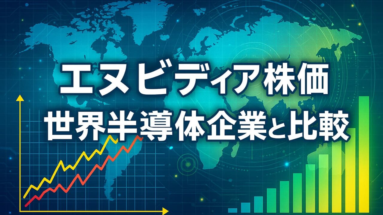 世界地図を背景に、株価チャートと棒グラフでNVIDIA株価と半導体企業ランキングを比較した図