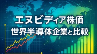 世界地図を背景に、株価チャートと棒グラフでNVIDIA株価と半導体企業ランキングを比較した図