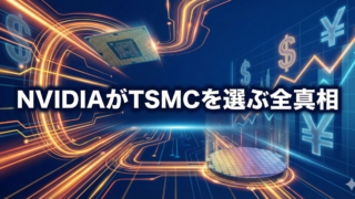 青とオレンジのデジタル回路を背景に、半導体チップと上昇する株価チャート、中央に「NVIDIAがTSMCを選ぶ全真相」と書かれたアイキャッチ画像