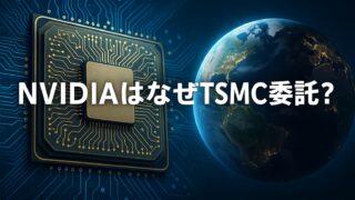 リアルに描かれた半導体チップと地球を背景に「NVIDIAはなぜTSMC委託？」と中央に文字が配置された解説画像