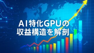 青いデジタル背景上に世界地図と上昇するグラフが描かれ、中央に白文字で「AI特化GPUの収益構造を解剖」と表示されている。
