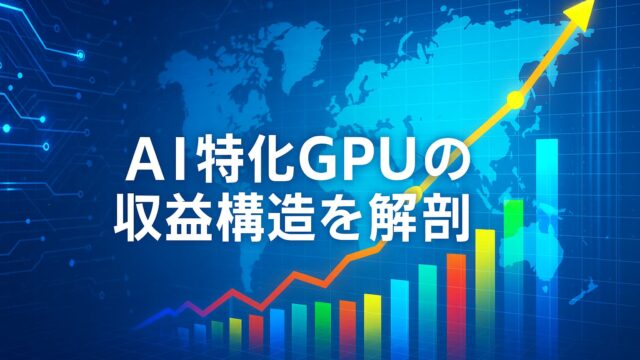 青いデジタル背景上に世界地図と上昇するグラフが描かれ、中央に白文字で「AI特化GPUの収益構造を解剖」と表示されている。