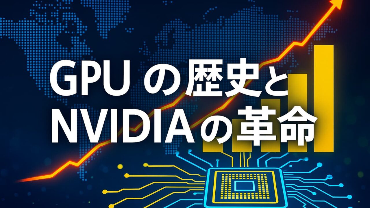 世界地図を背景に、赤い成長グラフと青いチップ回路を組み合わせ、GPUとNVIDIAの進化を象徴するデジタルイメージ