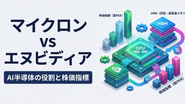 中央のAI演算GPU（エヌビディア）と両脇に積層配置された高速HBMメモリ（マイクロン）が連動するアイソメトリック3Dインフォグラフィック図解