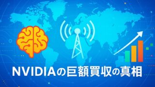 青を基調とした背景に、世界地図・通信アンテナ・データ上昇グラフが配置されたハイテクデザイン。中央に白文字で「NVIDIA買収戦略の全貌」と表示。