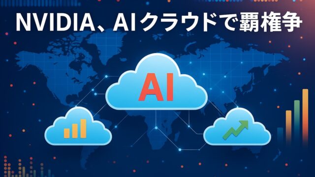 青い世界地図背景に3つのクラウドアイコン（AI・統計棒グラフ・上昇矢印）を配置し、NVIDIAのAIクラウド競争を表現