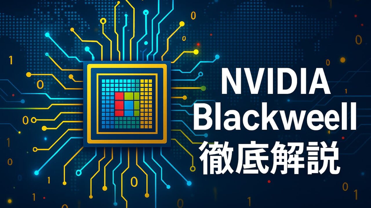 中央に抽象的なGPUチップと光の回路網が広がり、右側に「NVIDIA Blackwell徹底解説」と白字で表示された未来的なデザイン。