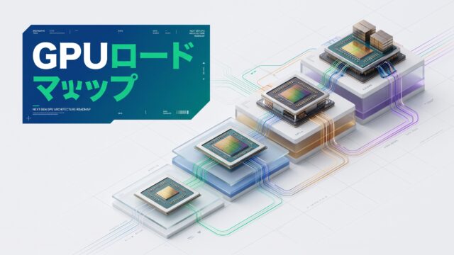 クリーンな淡色背景に配置されたBlackwellやRubinなどの次世代GPU半導体チップのアイソメトリック3D構造と、進化の系譜を示すマルチカラーのデータフロー。「GPUロードマップ」のテロップ付きインフォグラフィック。