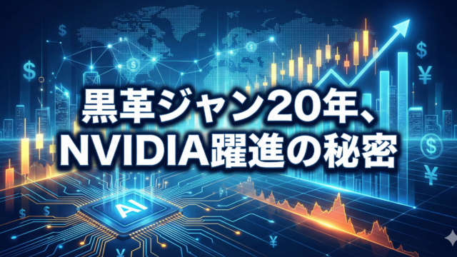 デジタル回路と上昇する株価チャートを背景に「黒革ジャン20年、NVIDIA躍進の秘密」というキャッチコピーが書かれた、テック・投資メディア向けのアイキャッチ画像