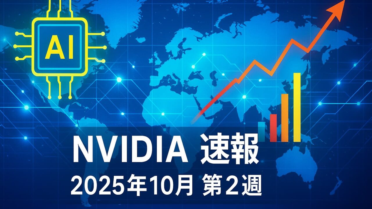 青を基調とした世界地図上に光るネットワークラインとAIチップ図、NVIDIA速報の白文字タイトルが中央に配置された画像。