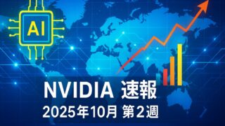 青を基調とした世界地図上に光るネットワークラインとAIチップ図、NVIDIA速報の白文字タイトルが中央に配置された画像。
