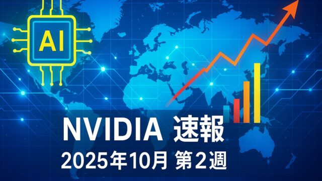 青を基調とした世界地図上に光るネットワークラインとAIチップ図、NVIDIA速報の白文字タイトルが中央に配置された画像。