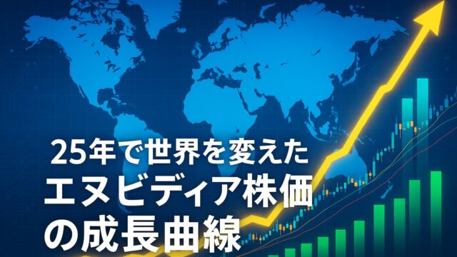 青い世界地図を背景に、NVIDIA株価の上昇を示す黄色い矢印と緑の棒グラフが描かれた画像。中央に「25年で世界を変えたエヌビディア株価の成長曲線」と表示。