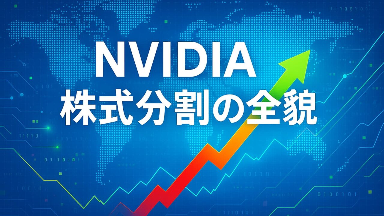 青い背景にデジタルな世界地図と株価チャートが描かれ、「NVIDIAの株式分割は得か？」と白字で表示された画像。