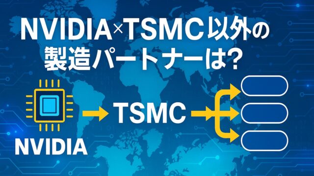 青い世界地図背景に、NVIDIAからTSMCへ矢印が伸び、他のパートナー候補へ分岐する構成を示した図。