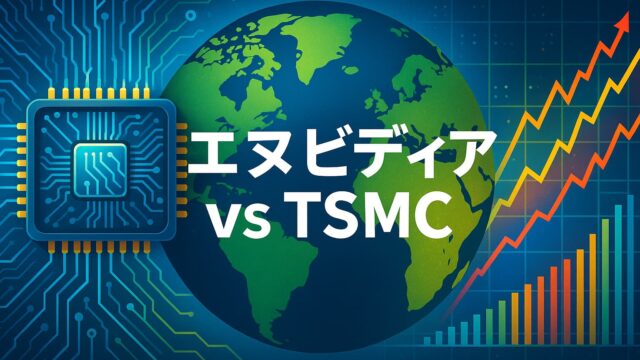 中央に地球と白文字テロップ、左に半導体チップ、右に株価チャートを配置した明るい配色の比較図