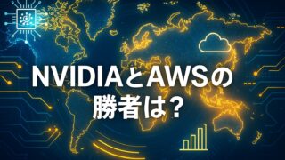 世界地図を背景に、回路やAIを象徴するアイコンが配置された未来的な図解。「NVIDIAとAWSの勝者は？」と中央に白字で表示