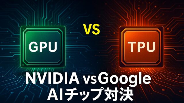緑色に輝くGPUチップと橙色に輝くTPUチップが対峙するデジタル比較図、中央に「NVIDIA vs Google AIチップ対決」と表示
