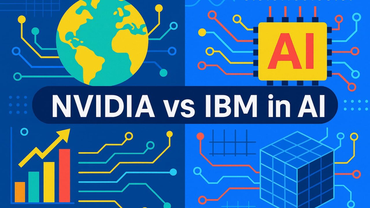 青と白を基調にした背景で、左に地球と回路、右にAIチップを描き、中央に「NVIDIA vs IBM in AI」と書かれた比較図。