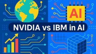 青と白を基調にした背景で、左に地球と回路、右にAIチップを描き、中央に「NVIDIA vs IBM in AI」と書かれた比較図。
