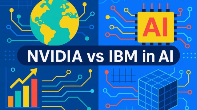 青と白を基調にした背景で、左に地球と回路、右にAIチップを描き、中央に「NVIDIA vs IBM in AI」と書かれた比較図。