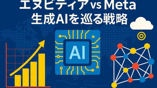 青と黄色の配色で描かれた世界地図上に、AIチップ、上昇グラフ、ニューラルネットワークの図が配置された画像。中央に白文字で「エヌビディア vs Meta 生成AIを巡る戦略」と書かれている。