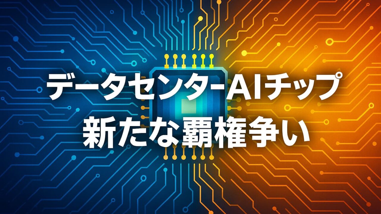青とオレンジの回路基板背景に中央の半導体チップを描き、「データセンターAIチップ 新たな覇権争い」と白文字で表示した比較イメージ