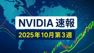青い世界地図と回路模様を背景に、株価チャートが上昇を描く中「NVIDIA速報 2025年10月第3週」と書かれたニュース画像。