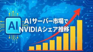 青と白の背景にAIチップや上昇するグラフが描かれたハイテク風デザイン。中央に「AIサーバー市場でのNVIDIAシェア推移」と書かれたアイキャッチ画像。