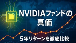 青と緑を基調とした未来的な背景に、半導体市場を連想させる上昇チャートと発光ラインが描かれた横長のグラフィック。中央に「NVIDIA関連ファンド 5年比較」と白い太字テロップが配置されている。