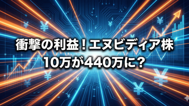 深い青のデジタル回路と光の軌跡を背景に、エヌビディア株の利益シミュレーション「10万が440万に？」という衝撃的な実績を強調したアイキャッチ画像